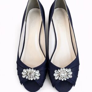 Elegant Navy Blue Peep-Toe Heels with Rhinestone Embellishment 1” heel
